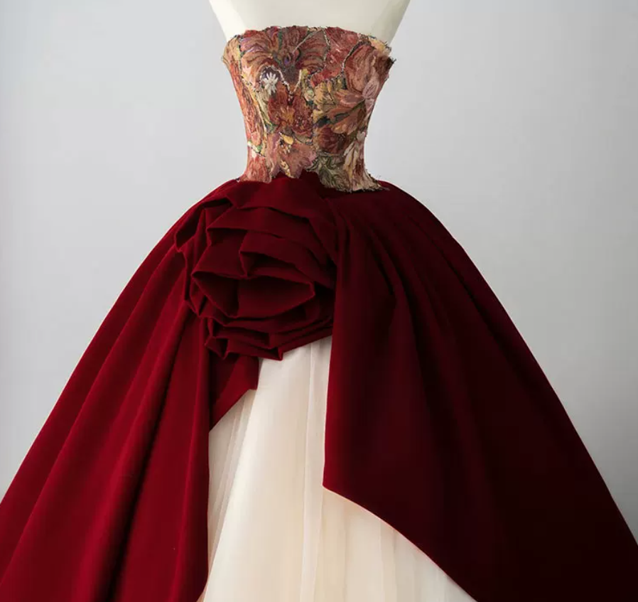 Vintage Strapless Red Prom Dress Floral Bodice Tulle A-Line Evening Dress C8982