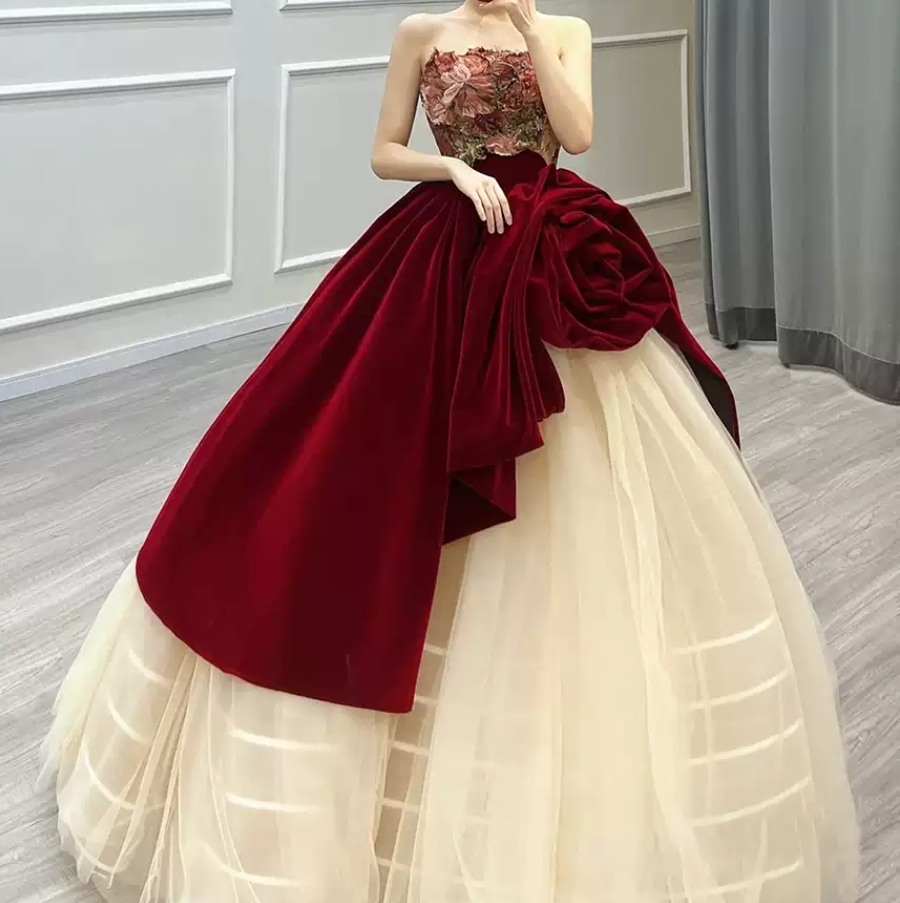 Vintage Strapless Red Prom Dress Floral Bodice Tulle A-Line Evening Dress C8982