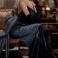 Graceful Spaghetti Straps Blue Prom Dress Sequins Bow Velvet Mermaid Evening Dress C8983