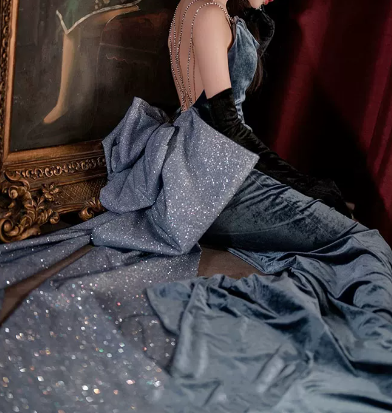 Graceful Spaghetti Straps Blue Prom Dress Sequins Bow Velvet Mermaid Evening Dress C8983