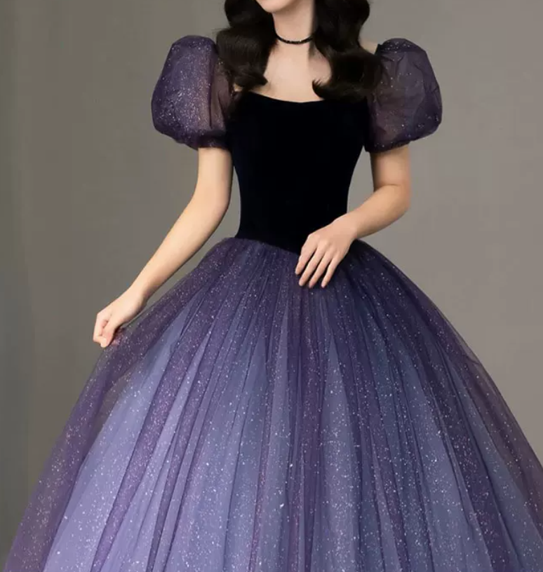 Vintage Gradient Purple Prom Dress Sequins Tulle Short Sleeve A-Line Evening Dress C8985