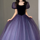 Vintage Gradient Purple Prom Dress Sequins Tulle Short Sleeve A-Line Evening Dress C8985
