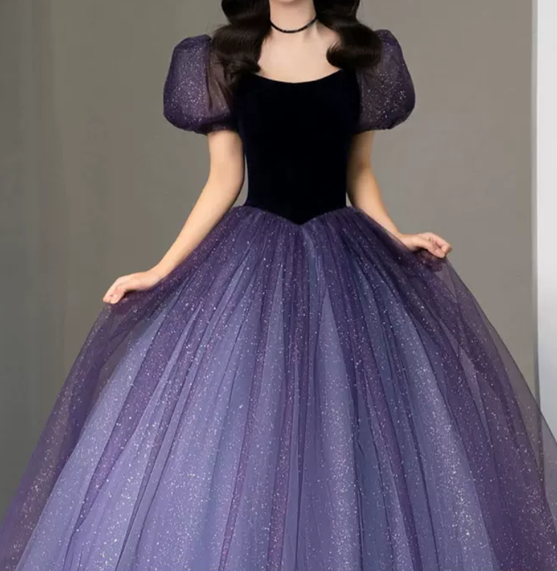 Vintage Gradient Purple Prom Dress Sequins Tulle Short Sleeve A-Line Evening Dress C8985