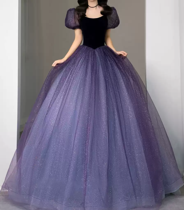 Vintage Gradient Purple Prom Dress Sequins Tulle Short Sleeve A-Line Evening Dress C8985