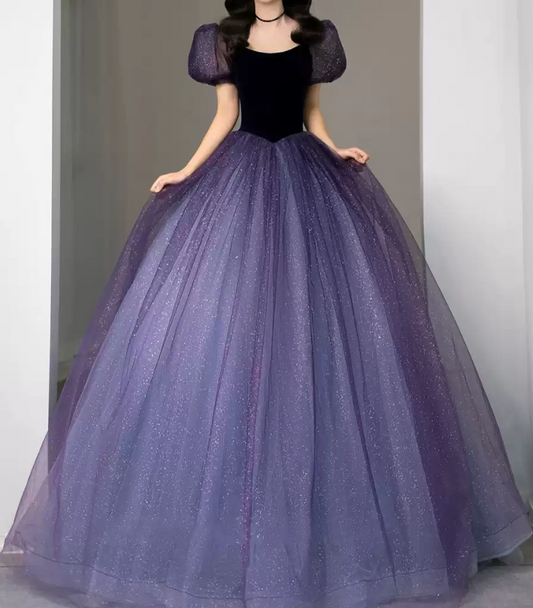 Vintage Gradient Purple Prom Dress Sequins Tulle Short Sleeve A-Line Evening Dress C8985