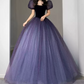 Vintage Gradient Purple Prom Dress Sequins Tulle Short Sleeve A-Line Evening Dress C8985