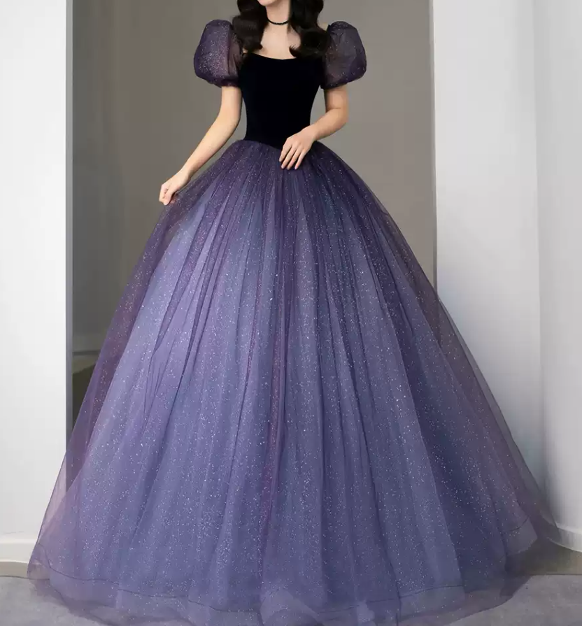 Vintage Gradient Purple Prom Dress Sequins Tulle Short Sleeve A-Line Evening Dress C8985
