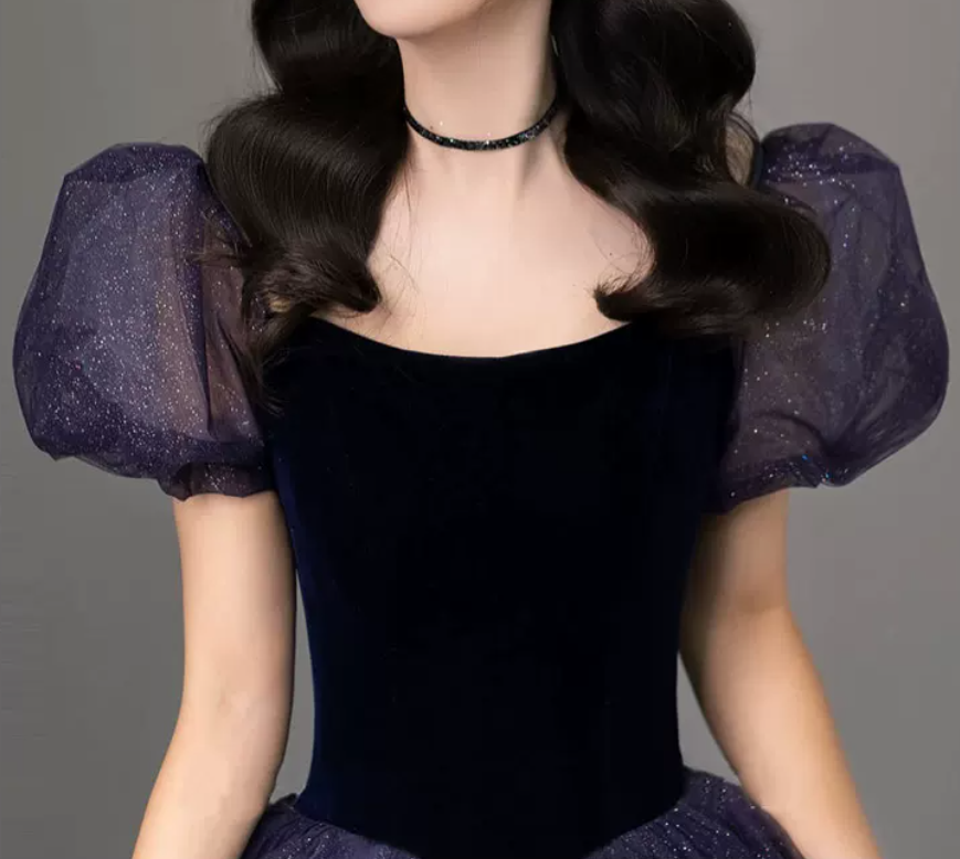 Vintage Gradient Purple Prom Dress Sequins Tulle Short Sleeve A-Line Evening Dress C8985