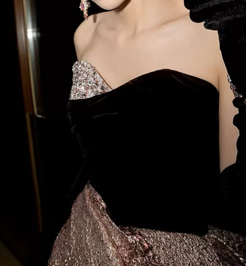 Glam Strapless Black & Pink Prom Dress Beading Slit A-Line Evening Dress C8986