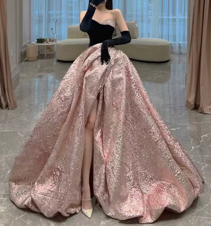 Glam Strapless Black & Pink Prom Dress Beading Slit A-Line Evening Dress C8986