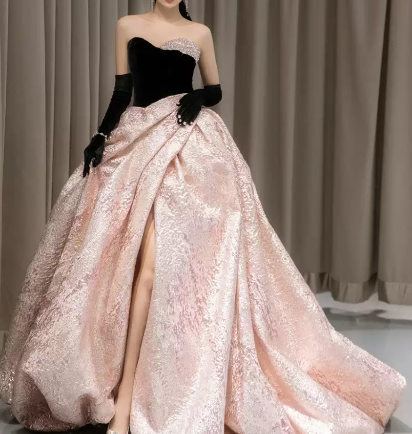 Glam Strapless Black & Pink Prom Dress Beading Slit A-Line Evening Dress C8986