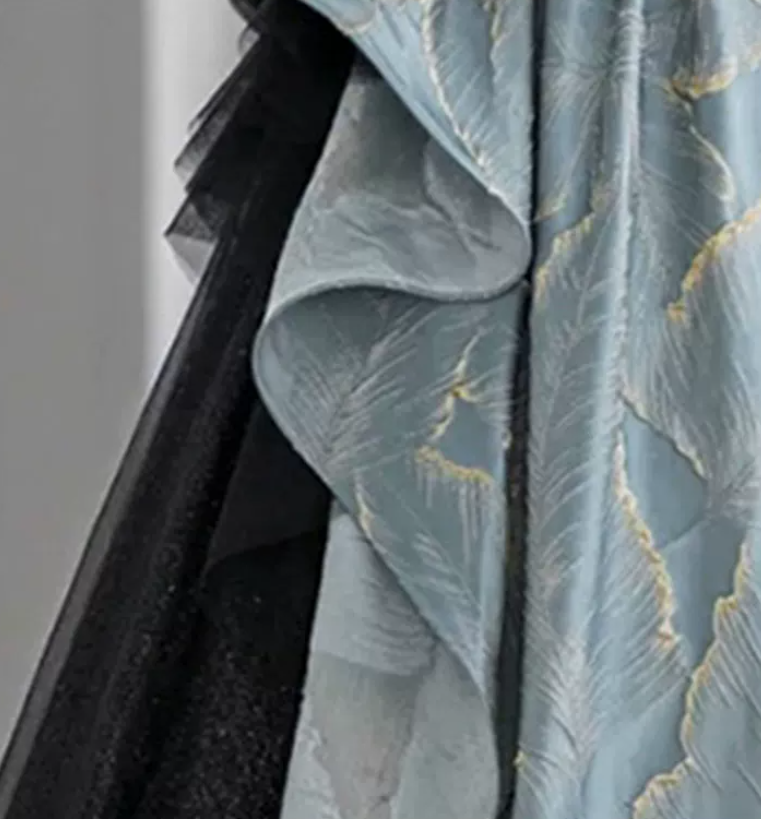 Enchanting Strapless Blue Prom Dress Ruffles Jacquard Tulle A-Line Evening Dress C8989