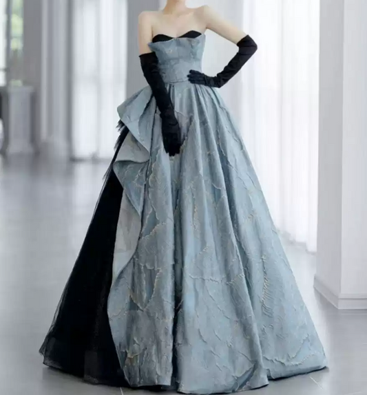 Enchanting Strapless Blue Prom Dress Ruffles Jacquard Tulle A-Line Evening Dress C8989