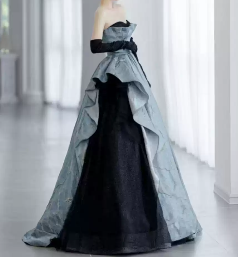 Enchanting Strapless Blue Prom Dress Ruffles Jacquard Tulle A-Line Evening Dress C8989
