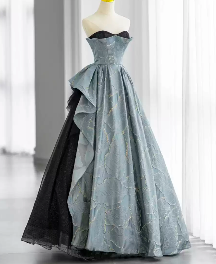 Enchanting Strapless Blue Prom Dress Ruffles Jacquard Tulle A-Line Evening Dress C8989