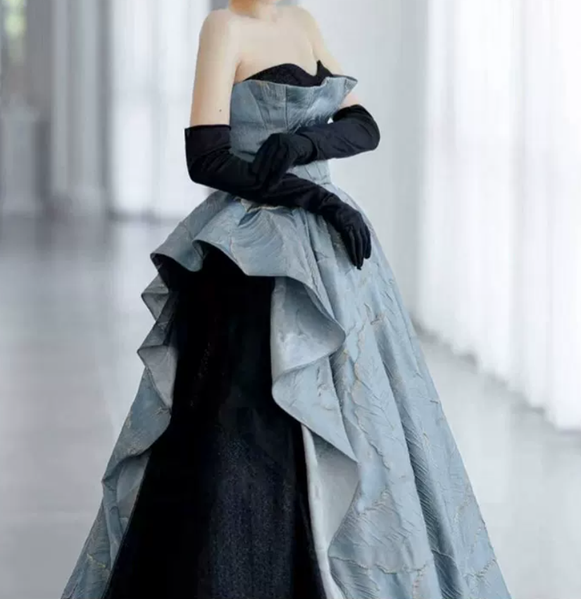Enchanting Strapless Blue Prom Dress Ruffles Jacquard Tulle A-Line Evening Dress C8989