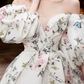 Vintage Off-Shoulder Slit Prom Dress Short Sleeve Floral A-Line Evening Dress C8990