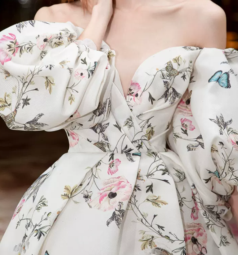 Vintage Off-Shoulder Slit Prom Dress Short Sleeve Floral A-Line Evening Dress C8990