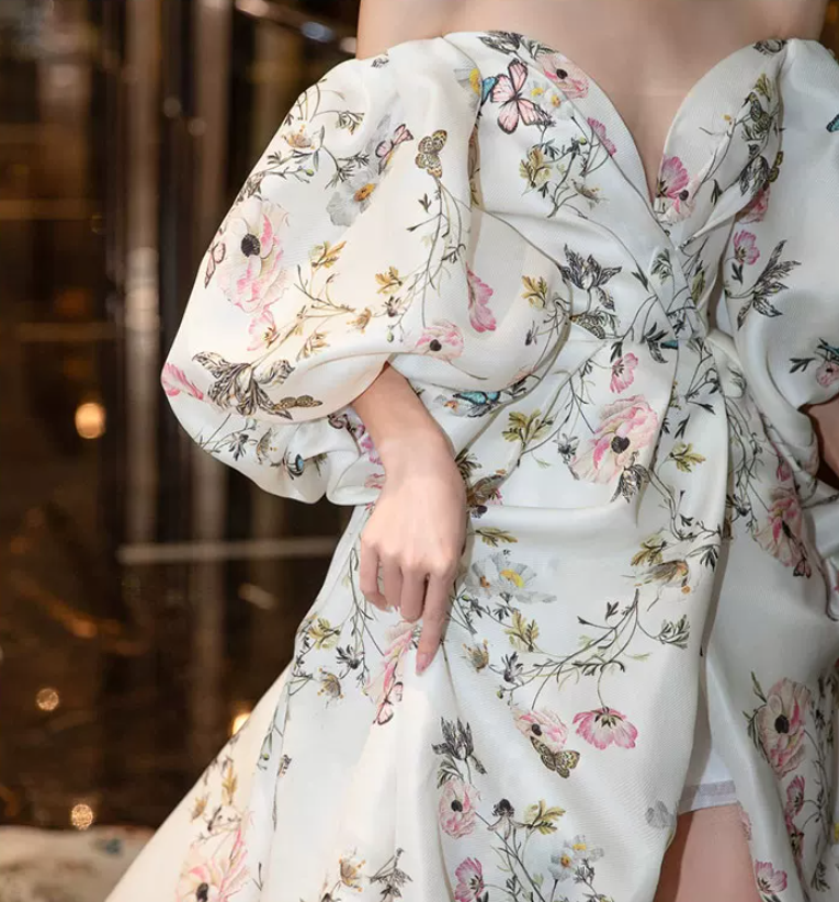 Vintage Off-Shoulder Slit Prom Dress Short Sleeve Floral A-Line Evening Dress C8990