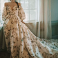 Vintage Off-Shoulder Slit Prom Dress Short Sleeve Floral A-Line Evening Dress C8990