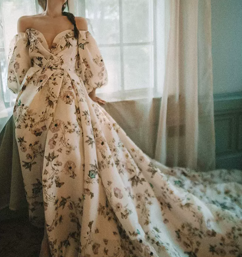 Vintage Off-Shoulder Slit Prom Dress Short Sleeve Floral A-Line Evening Dress C8990