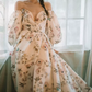 Vintage Off-Shoulder Slit Prom Dress Short Sleeve Floral A-Line Evening Dress C8990
