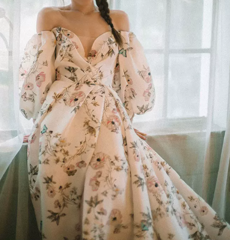 Vintage Off-Shoulder Slit Prom Dress Short Sleeve Floral A-Line Evening Dress C8990