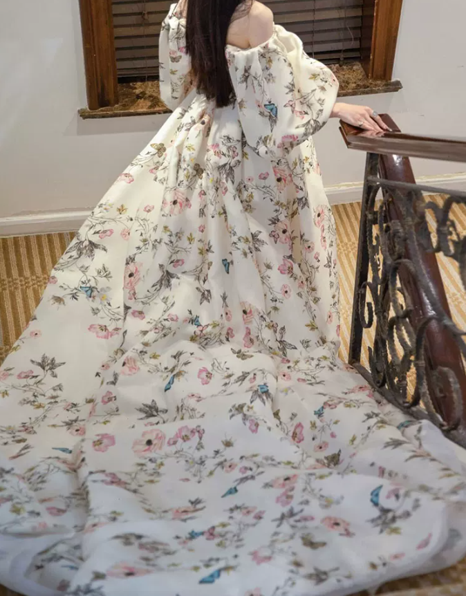Vintage Off-Shoulder Slit Prom Dress Short Sleeve Floral A-Line Evening Dress C8990
