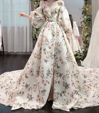 Vintage Off-Shoulder Slit Prom Dress Short Sleeve Floral A-Line Evening Dress C8990