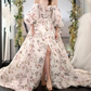 Vintage Off-Shoulder Slit Prom Dress Short Sleeve Floral A-Line Evening Dress C8990