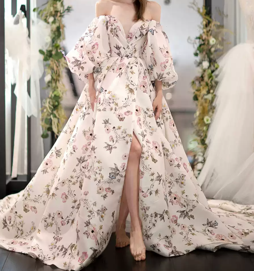 Vintage Off-Shoulder Slit Prom Dress Short Sleeve Floral A-Line Evening Dress C8990