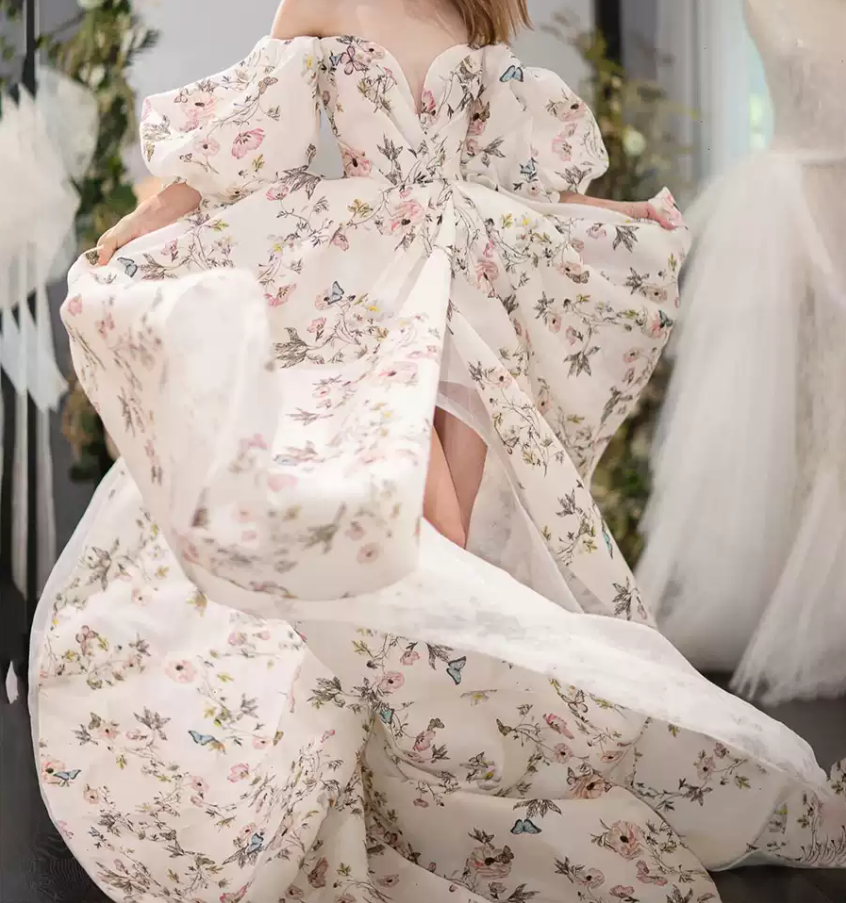 Vintage Off-Shoulder Slit Prom Dress Short Sleeve Floral A-Line Evening Dress C8990