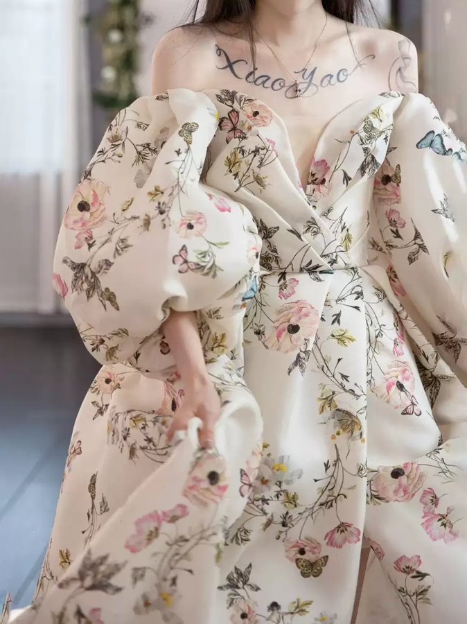 Vintage Off-Shoulder Slit Prom Dress Short Sleeve Floral A-Line Evening Dress C8990