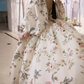 Vintage Off-Shoulder Slit Prom Dress Short Sleeve Floral A-Line Evening Dress C8990