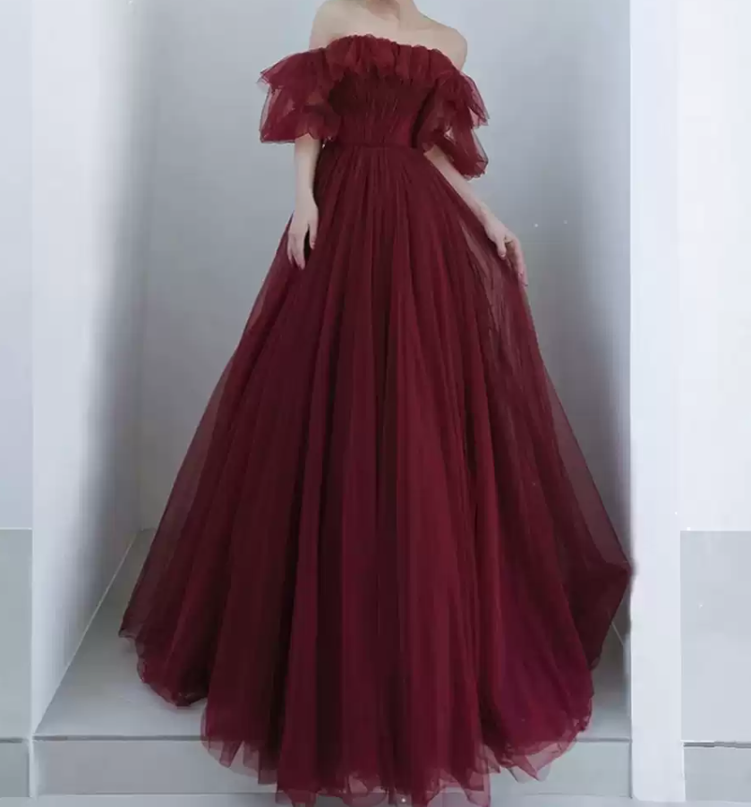 Simple Off-Shoulder Red Prom Dress Tulle A-Line Evening Dress C8991