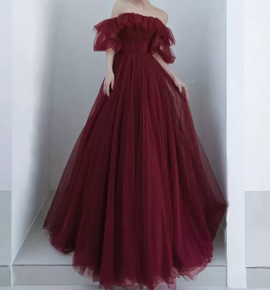 Simple Off-Shoulder Red Prom Dress Tulle A-Line Evening Dress C8991