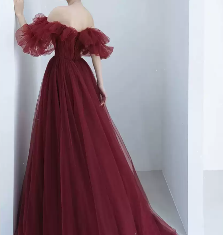Simple Off-Shoulder Red Prom Dress Tulle A-Line Evening Dress C8991