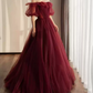 Simple Off-Shoulder Red Prom Dress Tulle A-Line Evening Dress C8991