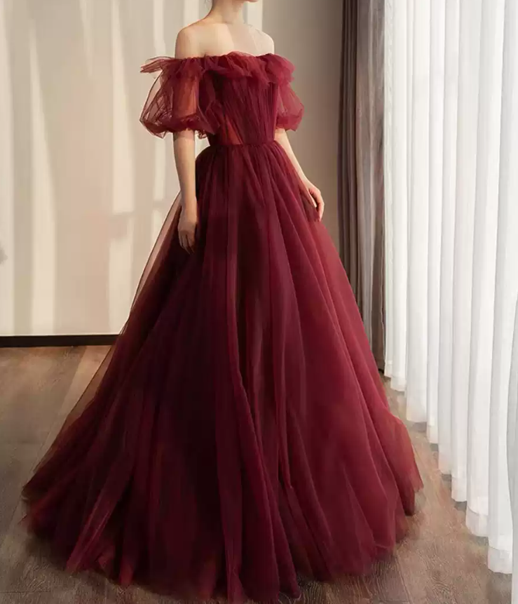 Simple Off-Shoulder Red Prom Dress Tulle A-Line Evening Dress C8991