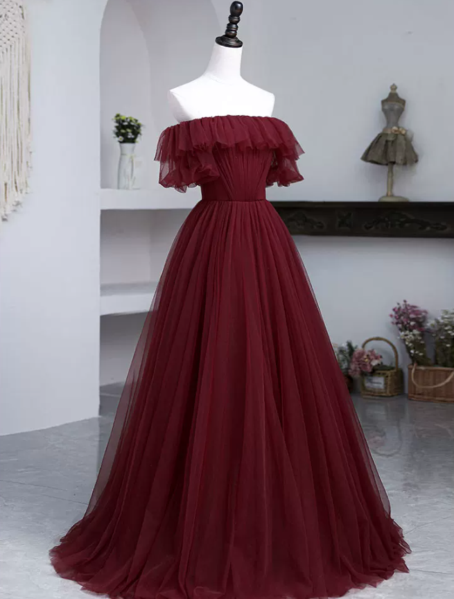 Simple Off-Shoulder Red Prom Dress Tulle A-Line Evening Dress C8991