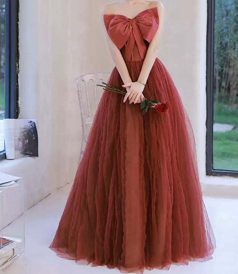 Classical Strapless Red Prom Dress Bow Tulle A-Line Evening Dress C8992