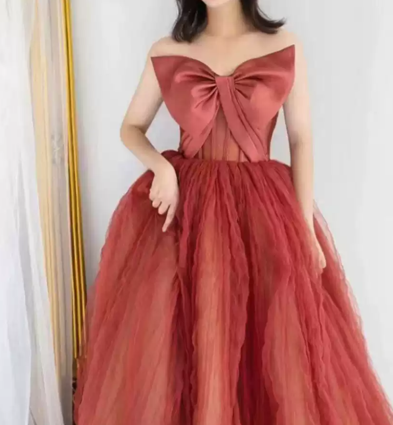 Classical Strapless Red Prom Dress Bow Tulle A-Line Evening Dress C8992