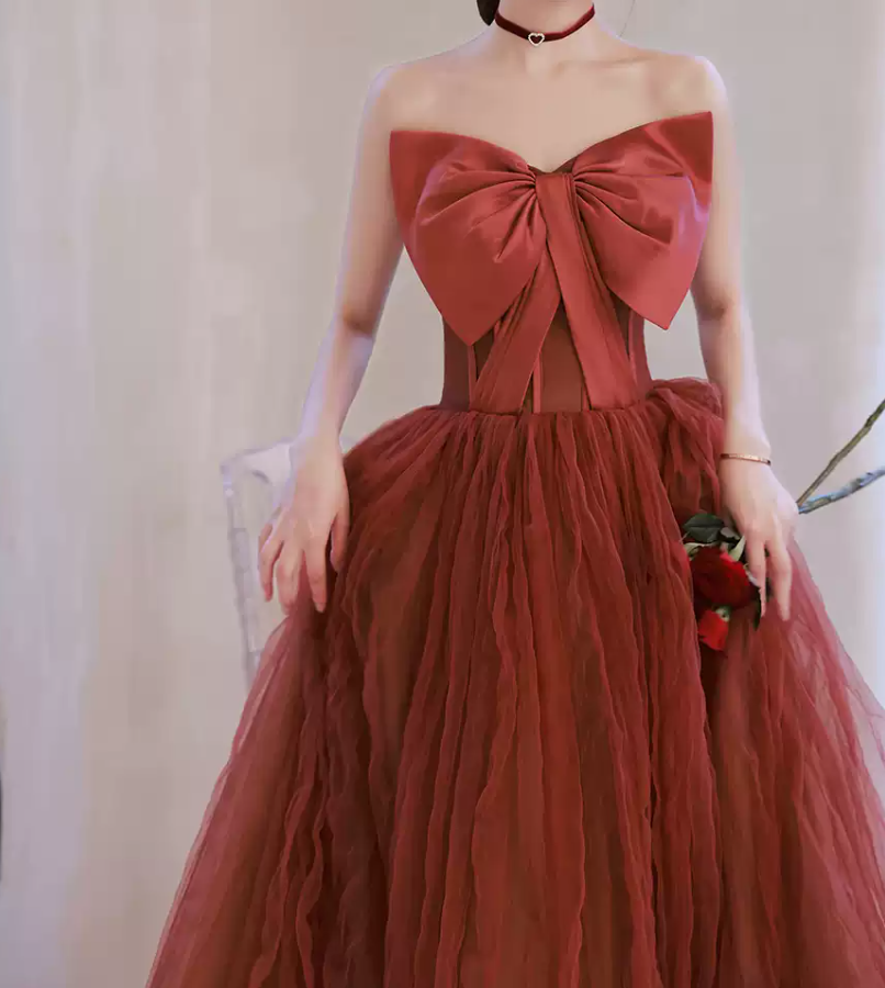 Classical Strapless Red Prom Dress Bow Tulle A-Line Evening Dress C8992