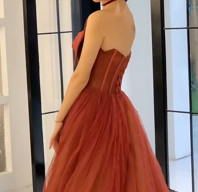 Classical Strapless Red Prom Dress Bow Tulle A-Line Evening Dress C8992