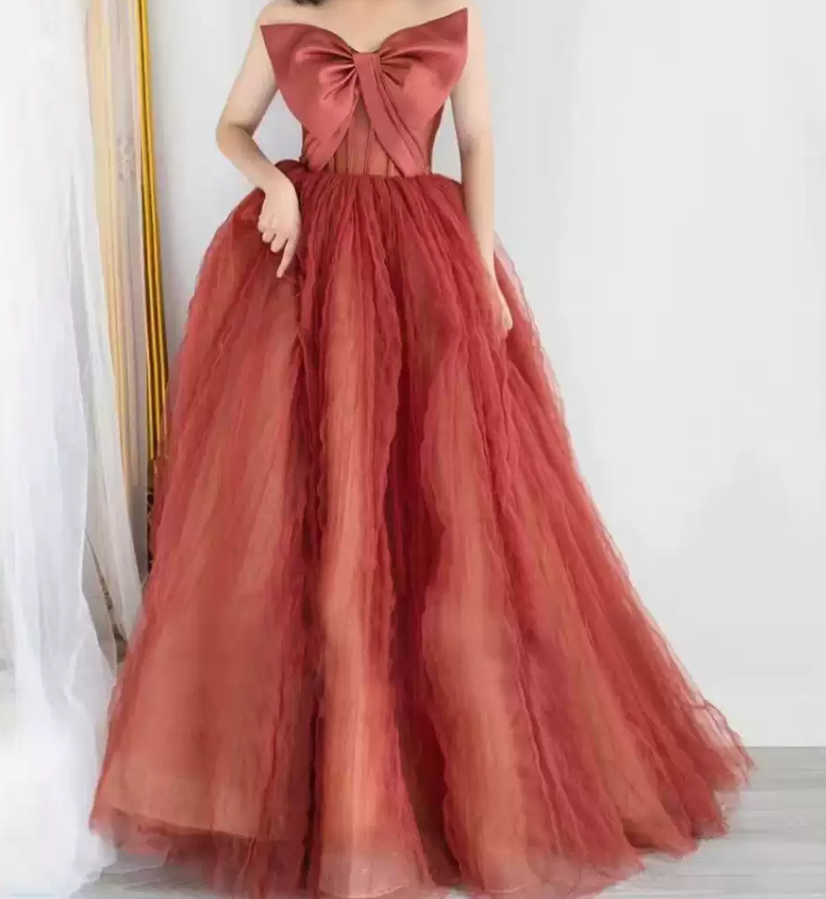 Classical Strapless Red Prom Dress Bow Tulle A-Line Evening Dress C8992