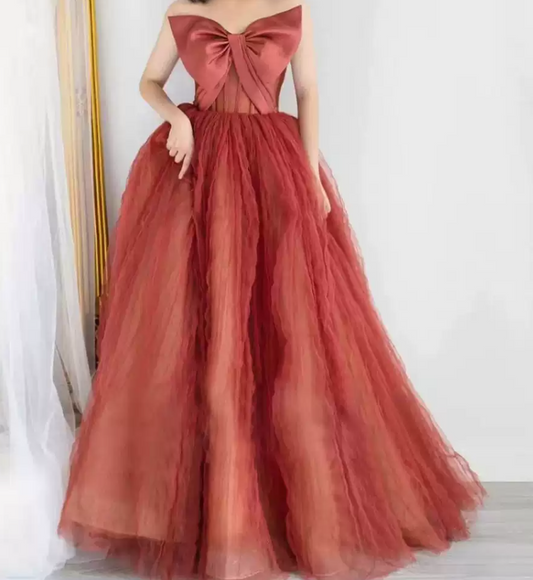Classical Strapless Red Prom Dress Bow Tulle A-Line Evening Dress C8992