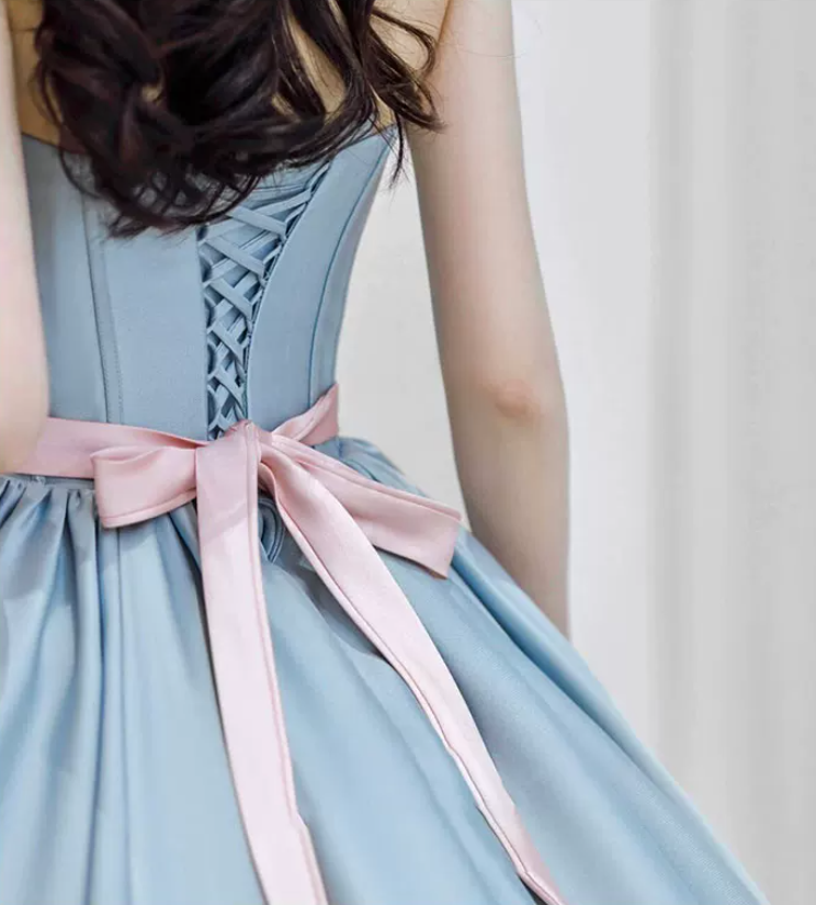 Graceful Sweetheart Blue Prom Dress With Detachable Sleeves Bows A-Line Evening Dress C8993
