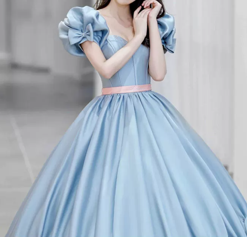 Graceful Sweetheart Blue Prom Dress With Detachable Sleeves Bows A-Line Evening Dress C8993