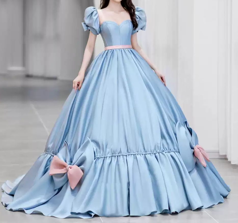 Graceful Sweetheart Blue Prom Dress With Detachable Sleeves Bows A-Line Evening Dress C8993