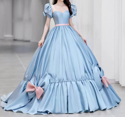 Graceful Sweetheart Blue Prom Dress With Detachable Sleeves Bows A-Line Evening Dress C8993